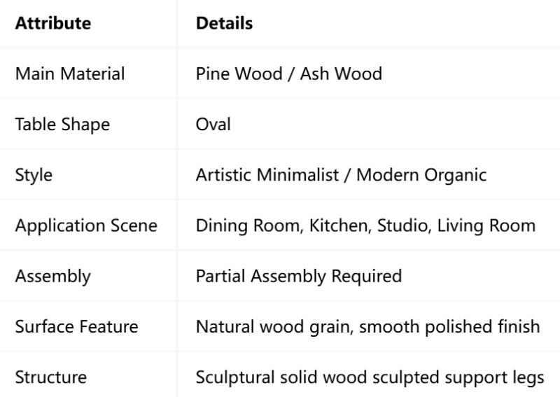 Oval Solid Wood Dining Table, Sculptural Art‑Shaped Legs Table in Pine / Ash Wood for Dining Room