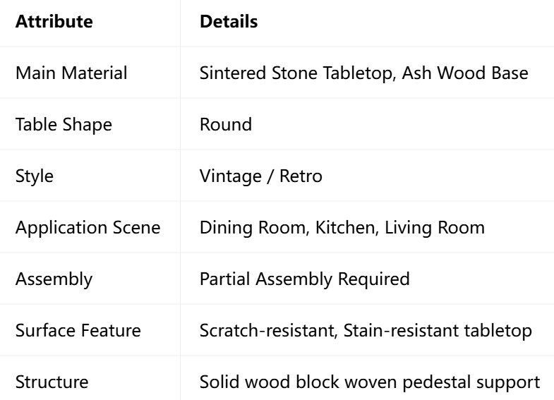 Round Dining Table with Sintered Stone Top & Ash Wood Base, Woven Block Pedestal Dinner Table for Dining Room