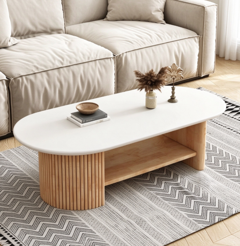 Oval Cream White Coffee Table, Solid Wood Fluted Side Base with Lower Storage Shelf, Modern Living Room Center Tea Table f...
