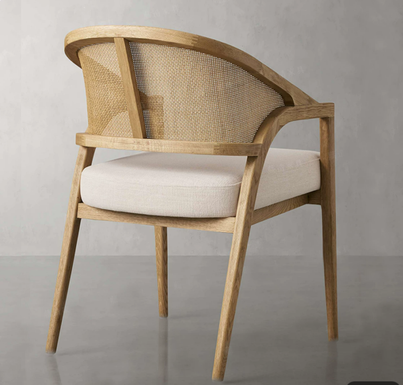 Mid‑Century Solid Wood Cane Rattan Back Dining Arm Chair, Upholstered Cushioned Dining Chair for Home Restaurant Hotel