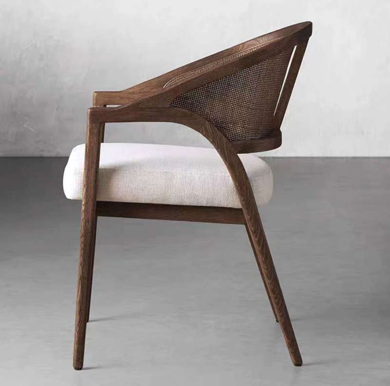 Mid‑Century Solid Wood Cane Rattan Back Dining Arm Chair, Upholstered Cushioned Dining Chair for Home Restaurant Hotel