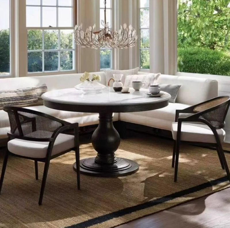 Mid‑Century Solid Wood Cane Rattan Back Dining Arm Chair, Upholstered Cushioned Dining Chair for Home Restaurant Hotel