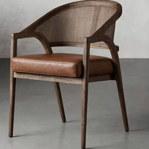 Mid‑Century Solid Wood Cane Rattan Back Dining Arm Chair, Upholstered Cushioned Dining Chair for Home Restaurant Hotel -...