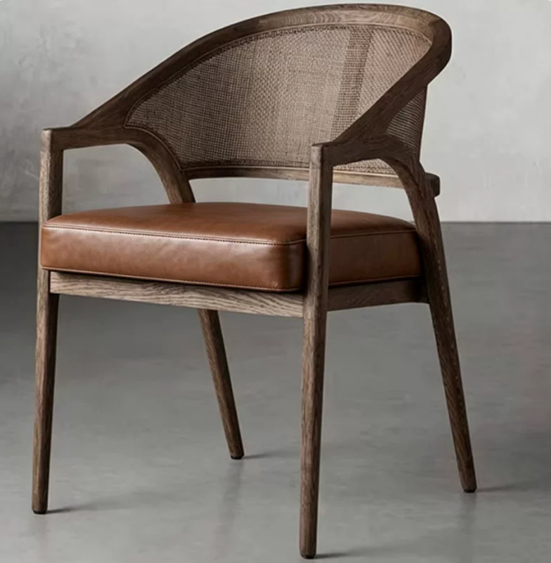 Mid‑Century Solid Wood Cane Rattan Back Dining Arm Chair, Upholstered Cushioned Dining Chair for Home Restaurant Hotel