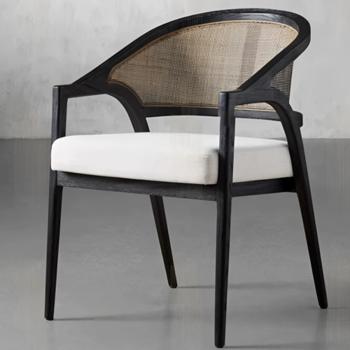 Mid‑Century Solid Wood Cane Rattan Back Dining Arm Chair, Upholstered Cushioned Dining Chair for Home Restaurant Hotel -...