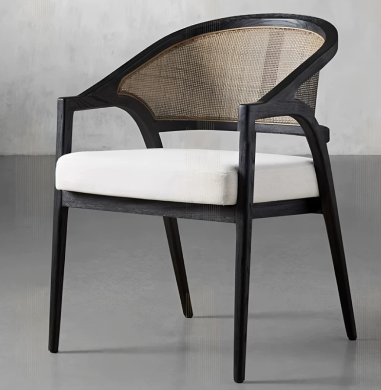 Mid‑Century Solid Wood Cane Rattan Back Dining Arm Chair, Upholstered Cushioned Dining Chair for Home Restaurant Hotel