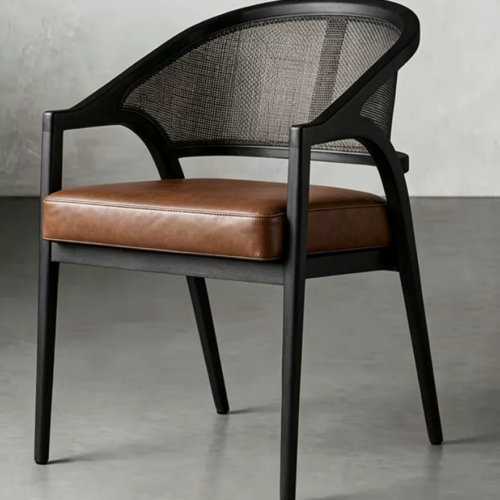 Mid‑Century Solid Wood Cane Rattan Back Dining Arm Chair, Upholstered Cushioned Dining Chair for Home Restaurant Hotel -...