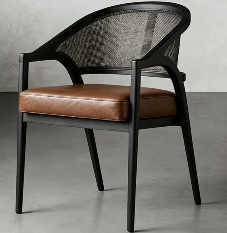 Mid‑Century Solid Wood Cane Rattan Back Dining Arm Chair, Upholstered Cushioned Dining Chair for Home Restaurant Hotel