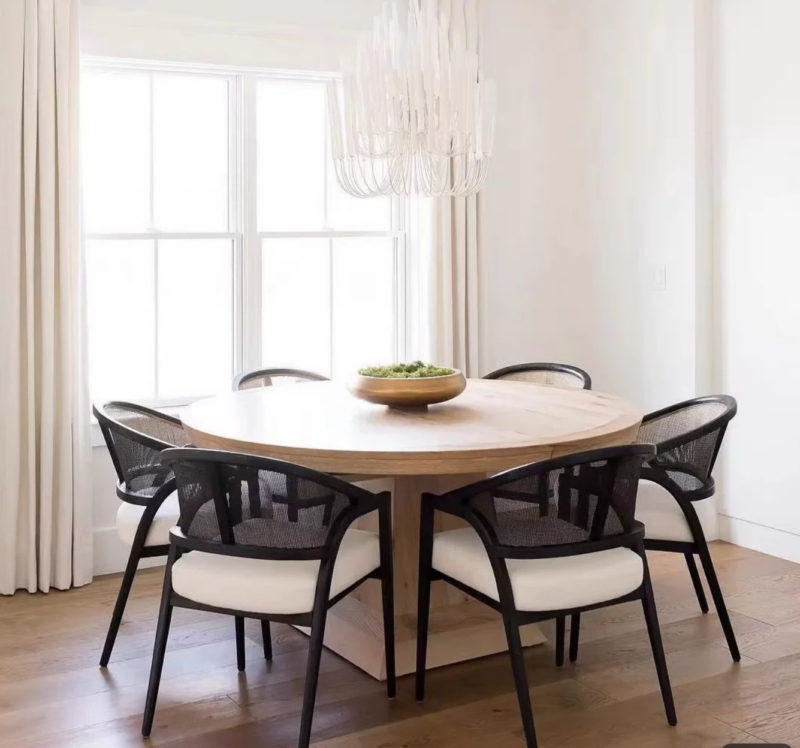 Mid‑Century Solid Wood Cane Rattan Back Dining Arm Chair, Upholstered Cushioned Dining Chair for Home Restaurant Hotel