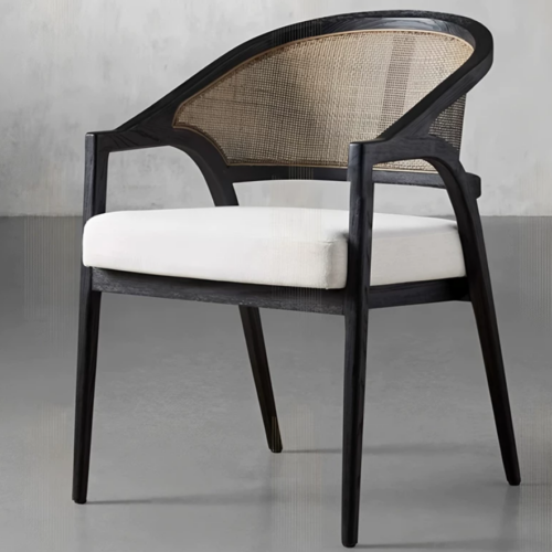 Mid‑Century Solid Wood Cane Rattan Back Dining Arm Chair, Upholstered Cushioned Dining Chair for Home Restaurant Hotel -...