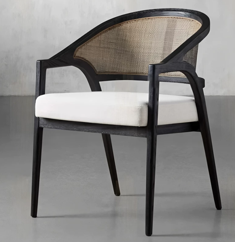 Mid‑Century Solid Wood Cane Rattan Back Dining Arm Chair, Upholstered Cushioned Dining Chair for Home Restaurant Hotel