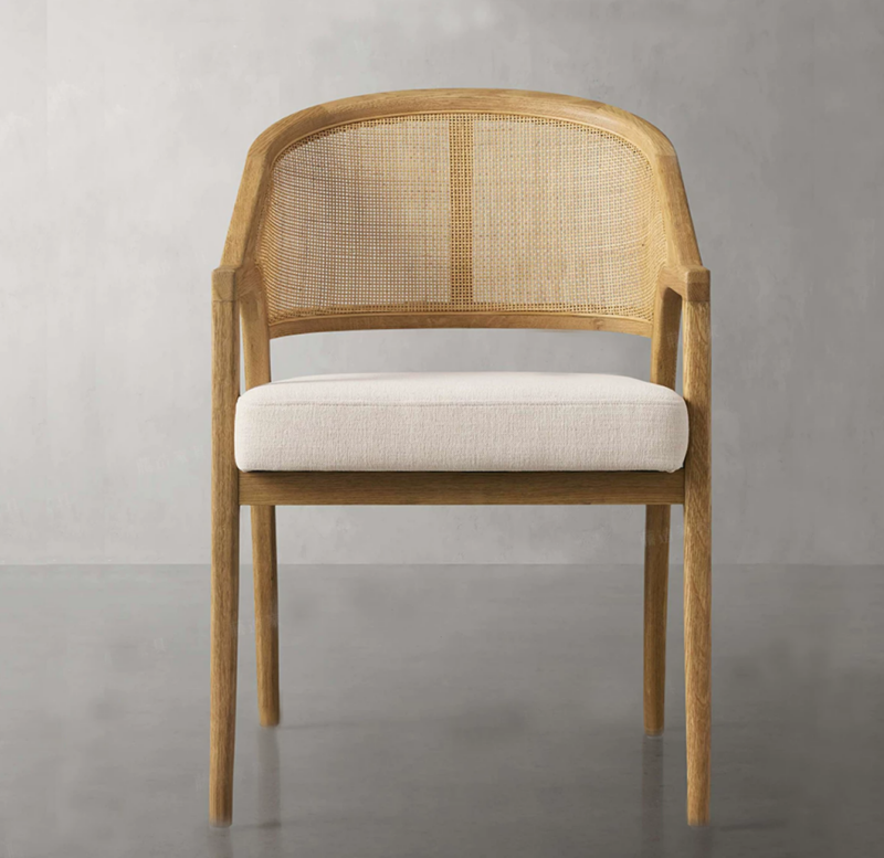 Mid‑Century Solid Wood Cane Rattan Back Dining Arm Chair, Upholstered Cushioned Dining Chair for Home Restaurant Hotel
