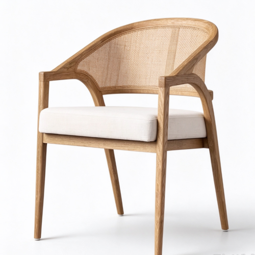 Mid‑Century Solid Wood Cane Rattan Back Dining Arm Chair, Upholstered Cushioned Dining Chair for Home Restaurant Hotel -...