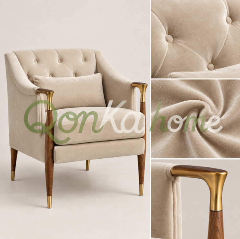 Modern and Elegant Tufted Casual Armchair, Solid Wood Legs and Armrests