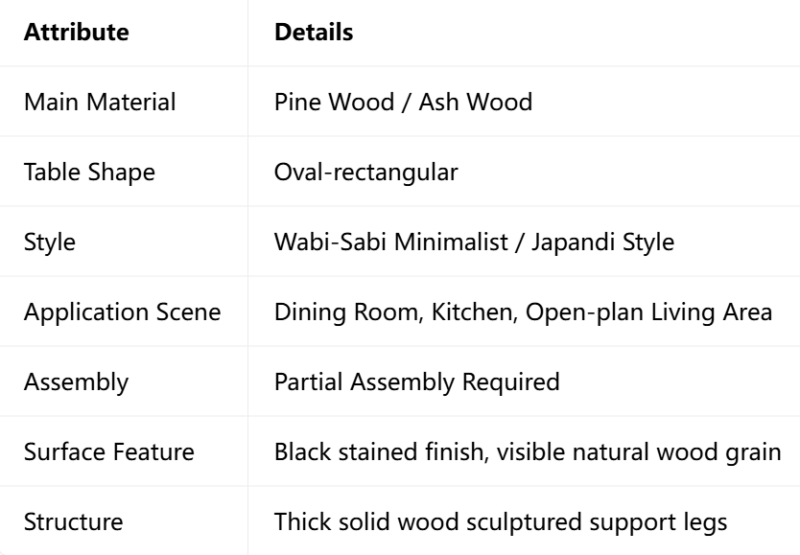Black Stained Solid Wood Dining Table, Oval‑Rectangular Table in Pine / Ash Wood for Home Dining Room