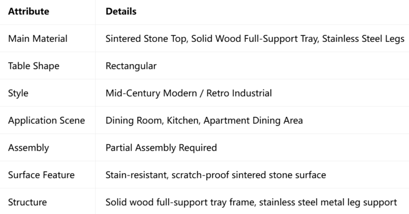 Rectangular Dining Table, Sintered Stone Top with Solid Wood Full‑Support Base & Stainless Steel Legs for Dining Room