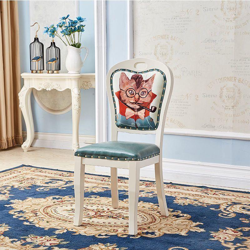 Modern Royal Style Blue Leather Accent Chair Gold Carved Solid Wood Frame Button Tufted Side Dining Chair with Nailhead Trim