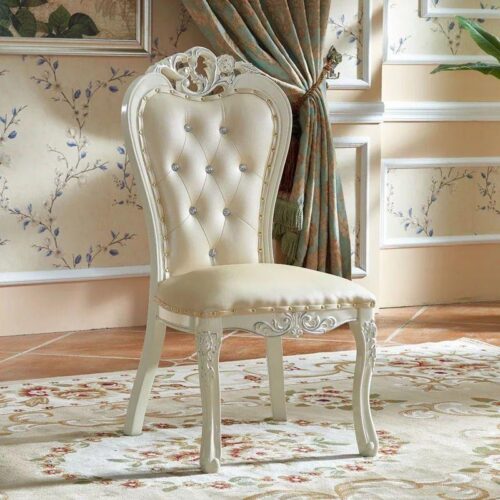 Modern Royal Style Blue Leather Accent Chair Gold Carved Solid Wood Frame Button Tufted Side Dining Chair with Nailhead Tr...