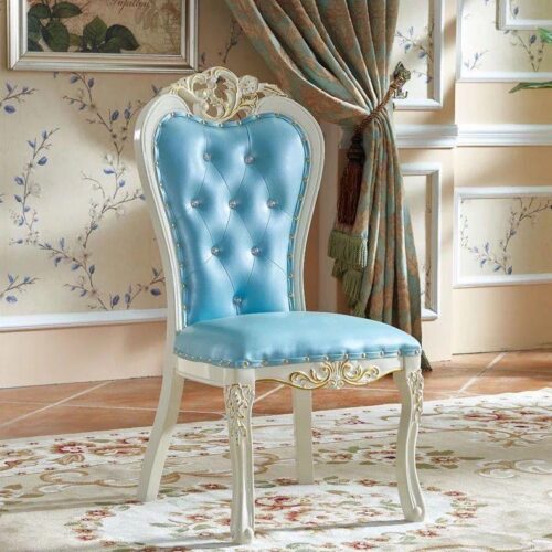 Modern Royal Style Blue Leather Accent Chair Gold Carved Solid Wood Frame Button Tufted Side Dining Chair with Nailhead Tr...