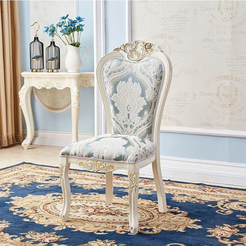 Modern Royal Style Blue Leather Accent Chair Gold Carved Solid Wood Frame Button Tufted Side Dining Chair with Nailhead Trim