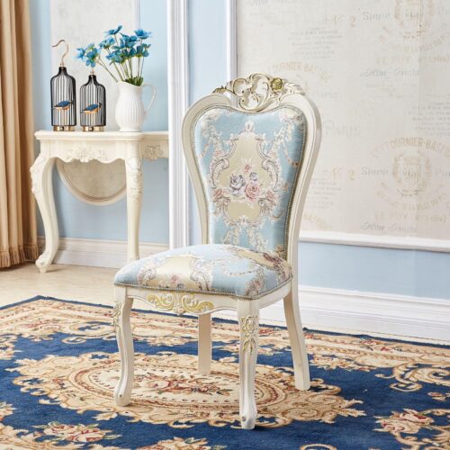 Modern Royal Style Blue Leather Accent Chair Gold Carved Solid Wood Frame Button Tufted Side Dining Chair with Nailhead Tr...