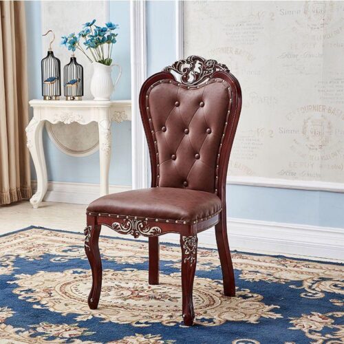 Modern Royal Style Blue Leather Accent Chair Gold Carved Solid Wood Frame Button Tufted Side Dining Chair with Nailhead Tr...