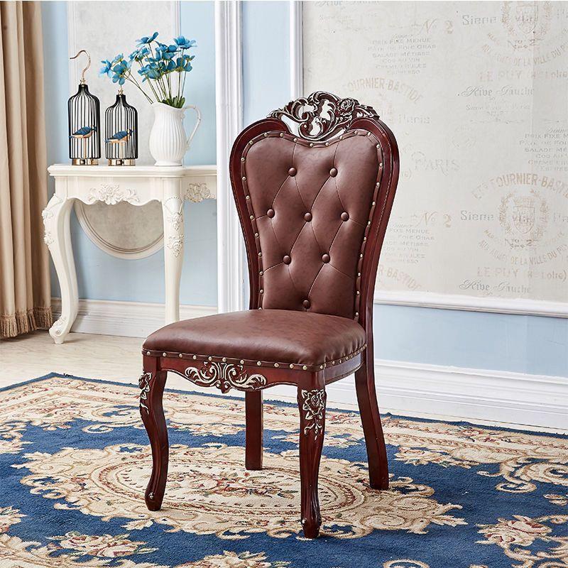 Modern Royal Style Blue Leather Accent Chair Gold Carved Solid Wood Frame Button Tufted Side Dining Chair with Nailhead Trim