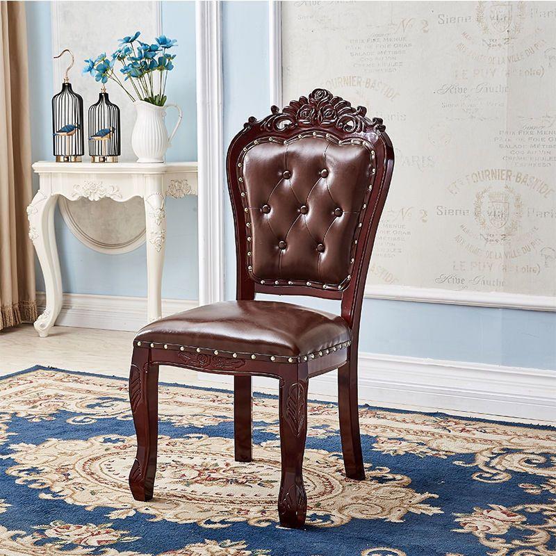 Modern Royal Style Blue Leather Accent Chair Gold Carved Solid Wood Frame Button Tufted Side Dining Chair with Nailhead Trim
