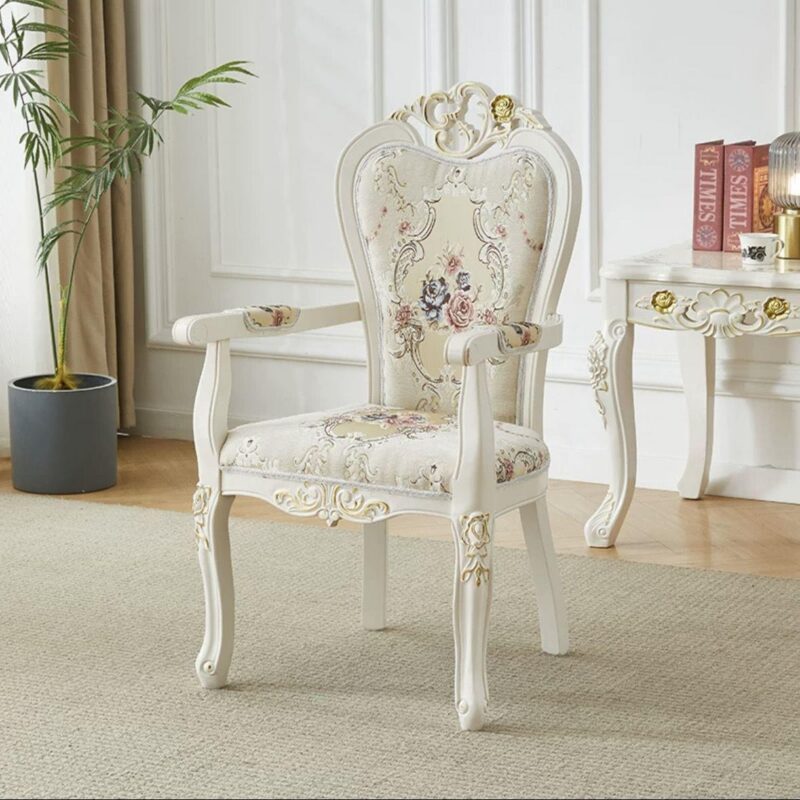 Luxurious Cream & Gold Carved Wood Dining Chair Leather Tufted Accent Armchair with Crystal Buttons for Hotel & Villa