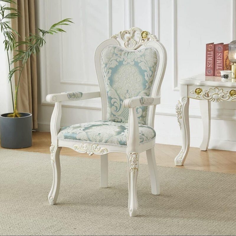 Luxurious Cream & Gold Carved Wood Dining Chair Leather Tufted Accent Armchair with Crystal Buttons for Hotel & Villa