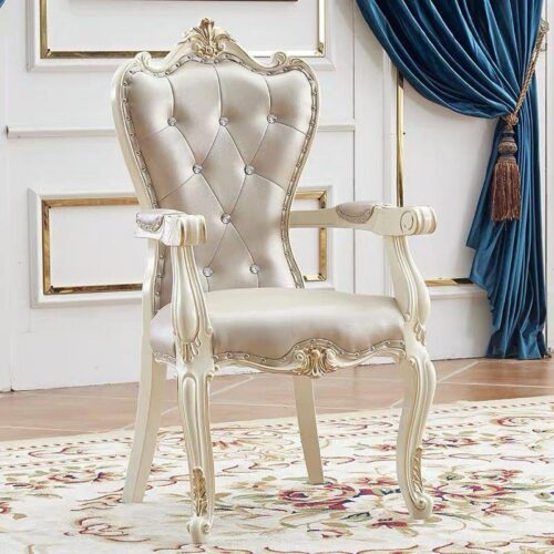Luxurious Cream & Gold Carved Wood Dining Chair Leather Tufted Accent Armchair with Crystal Buttons for Hotel & ...