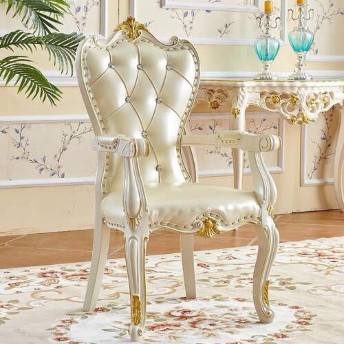 Luxurious Cream & Gold Carved Wood Dining Chair Leather Tufted Accent Armchair with Crystal Buttons for Hotel & ...