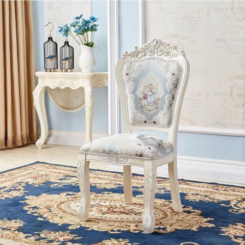 Modern Royal Style Blue Leather Accent Chair Gold Carved Solid Wood Frame Button Tufted Side Dining Chair with Nailhead Tr...