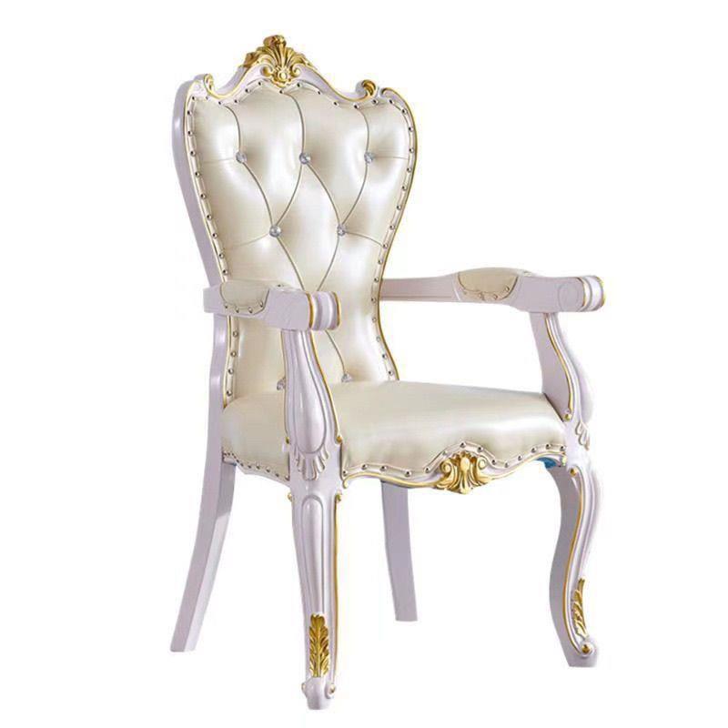 Luxurious Cream & Gold Carved Wood Dining Chair Leather Tufted Accent Armchair with Crystal Buttons for Hotel & Villa