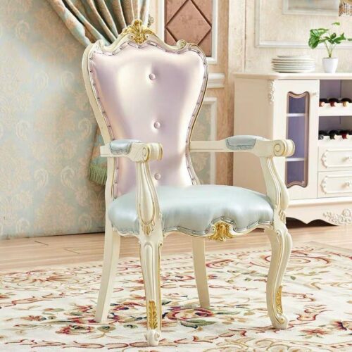 Luxurious Cream & Gold Carved Wood Dining Chair Leather Tufted Accent Armchair with Crystal Buttons for Hotel & ...
