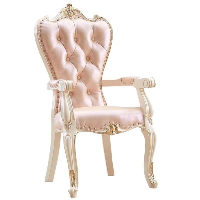 Luxurious Cream & Gold Carved Wood Dining Chair Leather Tufted Accent Armchair with Crystal Buttons for Hotel & Villa