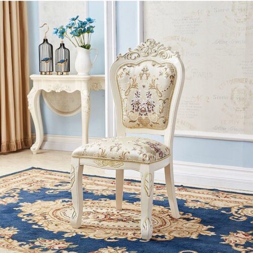 Modern Royal Style Blue Leather Accent Chair Gold Carved Solid Wood Frame Button Tufted Side Dining Chair with Nailhead Tr...