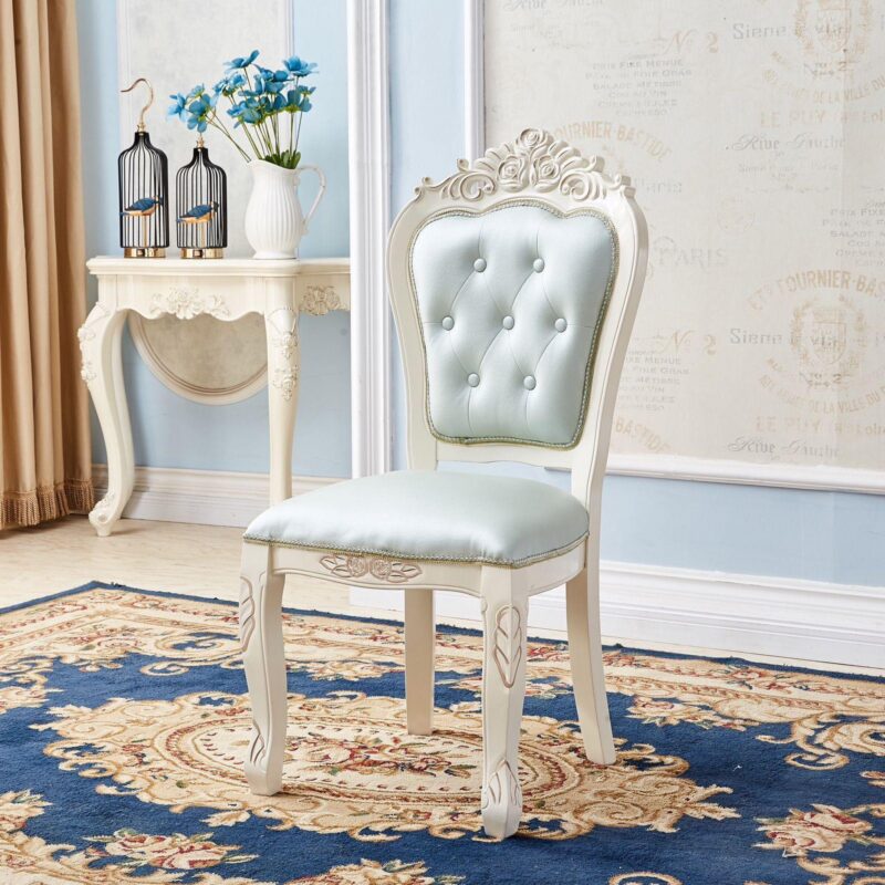 Modern Royal Style Blue Leather Accent Chair Gold Carved Solid Wood Frame Button Tufted Side Dining Chair with Nailhead Trim