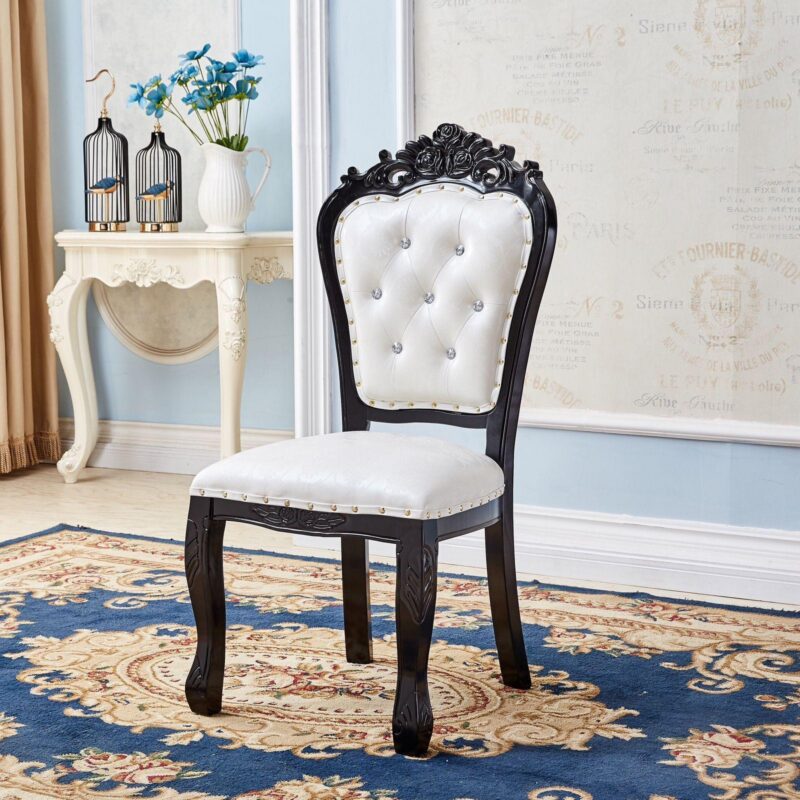 Modern Royal Style Blue Leather Accent Chair Gold Carved Solid Wood Frame Button Tufted Side Dining Chair with Nailhead Trim