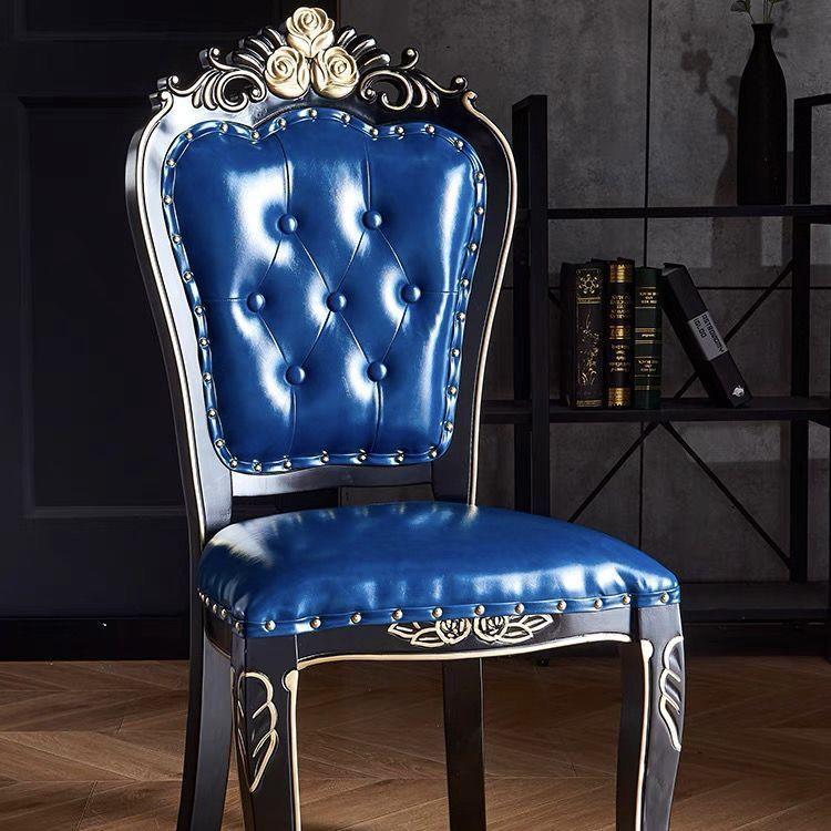 Modern Royal Style Blue Leather Accent Chair Gold Carved Solid Wood Frame Button Tufted Side Dining Chair with Nailhead Tr...
