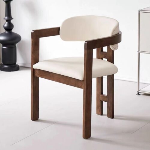 Modern Solid Dark Wood Dining Arm Chair, Cream Boucle Teddy Fabric Upholstered Dining Chair For Home Hotel Restaurant - So...