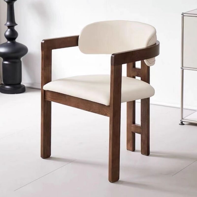 Modern Solid Dark Wood Dining Arm Chair, Cream Boucle Teddy Fabric Upholstered Dining Chair For Home Hotel Restaurant