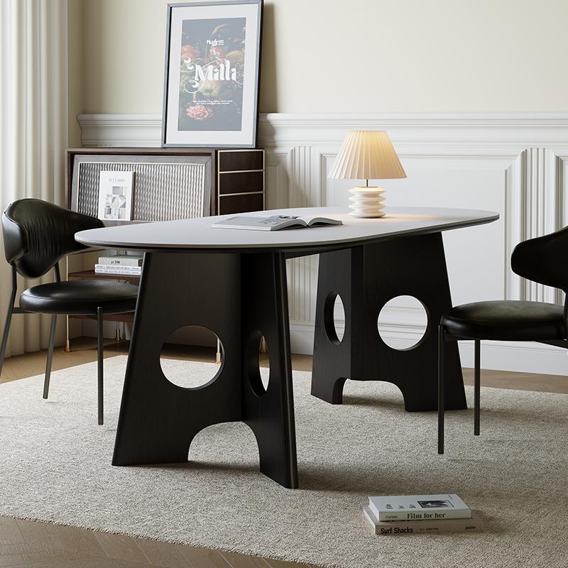 Sintered Stone Dining Table with Solid Wood Base Modern Oval Dining Table for Home Dining Room