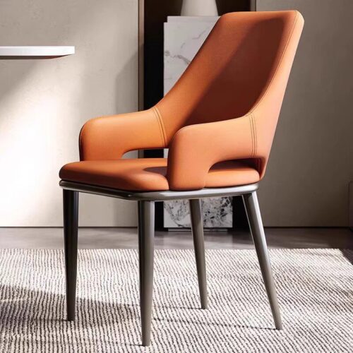 Italian Minimalist High Back Dining Chair PU Leather Upholstered Armchair With Metal legs - Metal dining chair - QONKA HOME