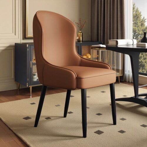 Modern Luxury Leather Dining Chair High Back Curved Accent Side Armchair with Black Metal Legs for Dining Room Restaurant ...