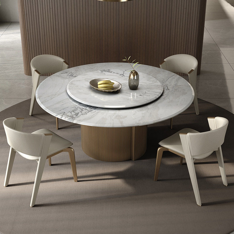 Round Dining Table with Natural Luxury Marble Top & Brushed Stainless Steel Base, Rotating Lazy Susan Included for Di...