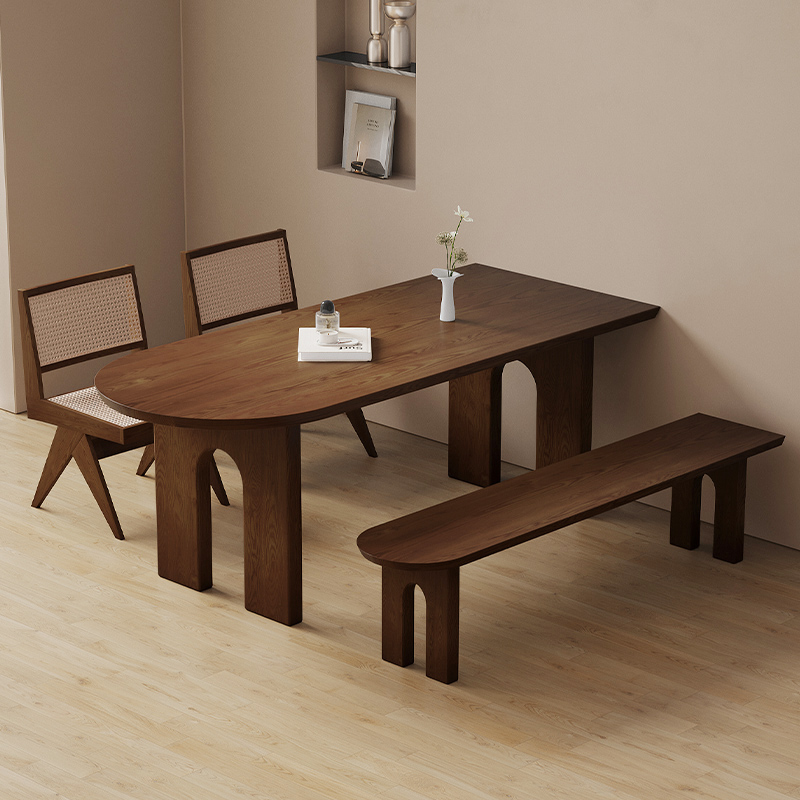 Black Stained Solid Wood Dining Table, Oval‑Rectangular Table in Pine / Ash Wood for Home Dining Room