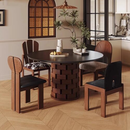 Round Dining Table with Sintered Stone Top & Ash Wood Base, Woven Block Pedestal Dinner Table for Dining Room - Dinin...