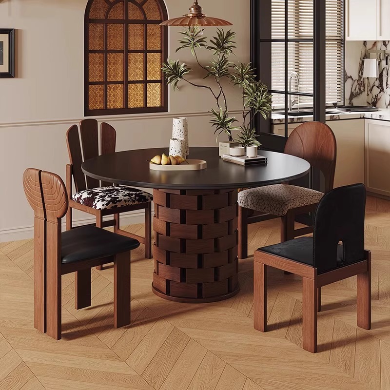 Round Dining Table with Sintered Stone Top & Ash Wood Base, Woven Block Pedestal Dinner Table for Dining Room