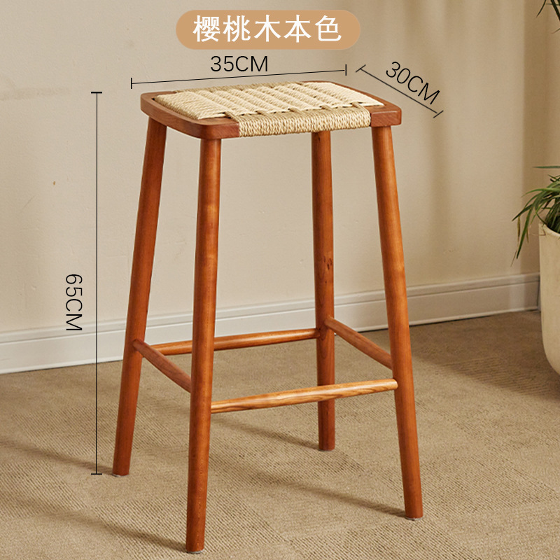 Mid‑Century Nordic Vintage Rattan Bar Stool, Solid Wood Frame High Counter Height Bar Chair For Kitchen Island Restaurant